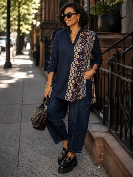 Chico's Jackets & Blazers - Chico's Navy Tunic Jacket with Cream & Blush Print Panel